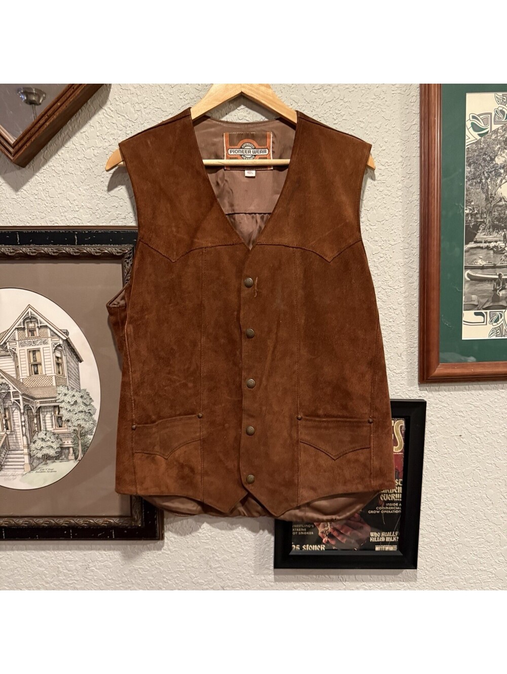 Vintage 70s Pioneer Wear Anywhere Anytime Leather Vest Cowboy Western Size 40L